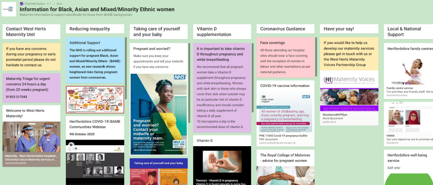 Picture of Padlet with information for BAME patients