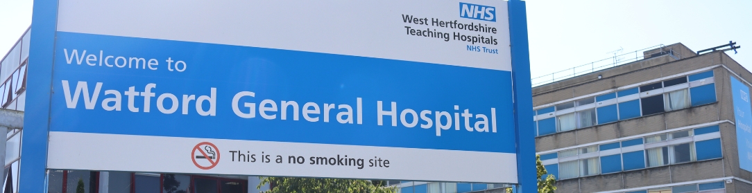 Picture of a sign that says Welcome to Watford General Hospital