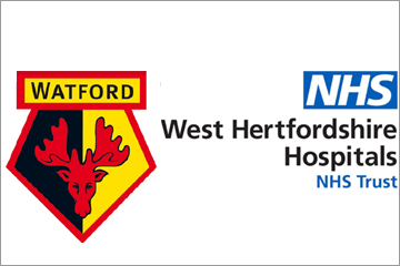Picture of the logos of West Hertfordshire Hospitals NHS trust and Watford FC
