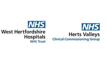 Picture of the logos of West Hertfordshre Hospitals  NHS Trust and herts Valleys Clinical Commissioning Group