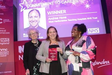 Picture of Dame Philippa Russell, Vice President of Carers UK and a carer, award winner Andrea Hone and ceremony host, comedian Judi Love