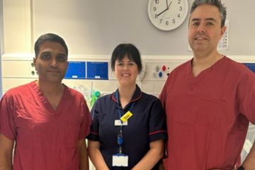 Picture of Mr Vanash Patel (consultant colorectal surgeon and colorectal and robotic service lead), Deirdre McCarthy (enhanced recovery nurse) and Mr Najib Daulatzai (consultant colorectal surgeon).