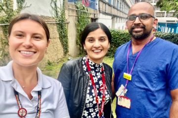 Picture of Charlotte Bray, (Senior Paediatric Physiotherapist) Dr Nazakat Merchant (Consultant Neonatologist) and Dr Sankara Narayanan (Consultant Neonatologist and Service Lead)

