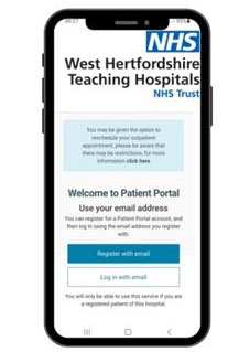Picture of the patient portal displayed on a mobile phone