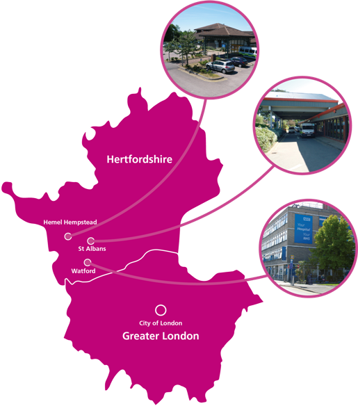 A map of Hertfordshire showing the locations of the three hospital sites
