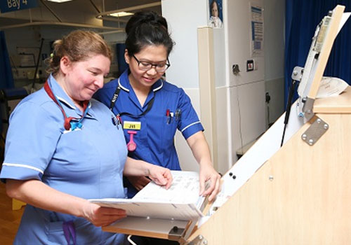 Picture of two nurses on a hospital ward looking at the contents of a folder